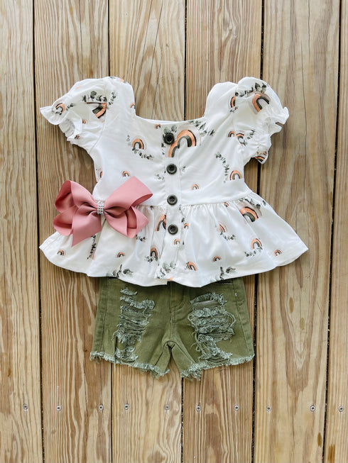 Bowtism Boho Rainbow Eucalyptus Shorts Set with Matching Bow - Bowtism